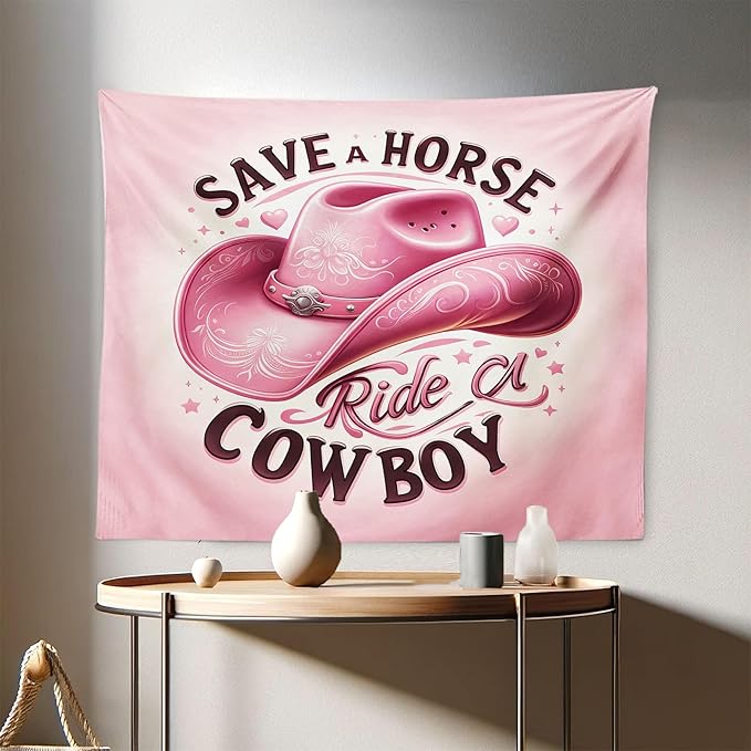Ambesonne Funny Tapestry, Humorous Feminine Design with Hat and Save a Horse Ride a Cowboy Lettering, Fabric Wall Hanging Decor for Bedroom Living Room Dorm, 28" X 23", Pink and Seal Brown