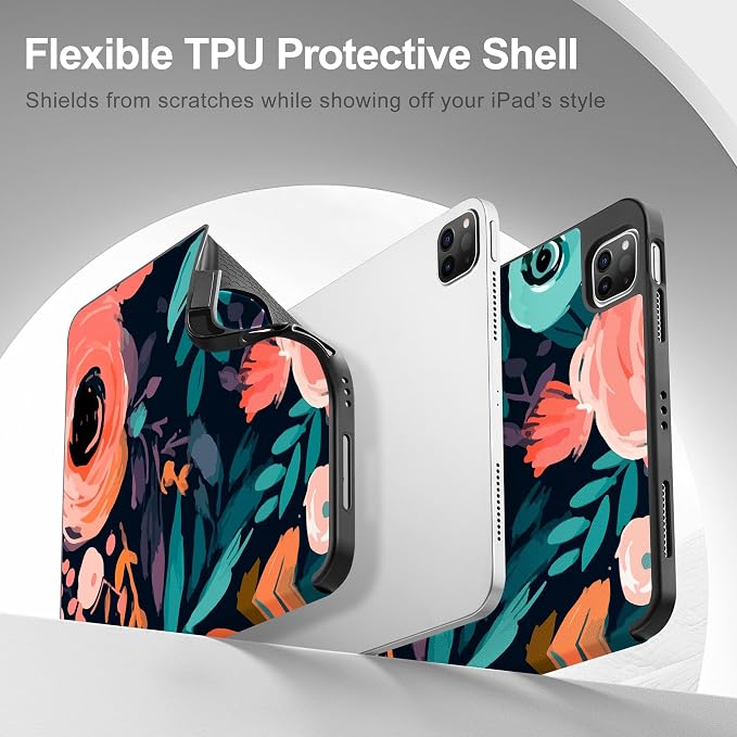 May Chen Case for iPad Pro 11 inch (4th 3rd 2nd &amp 1st Gen) 2022 2021 2020 2018 Trifold Stand + Pencil Holder + Auto Wake/Sleep + Soft TPU Protective Stand Back Cover Abstract Floral