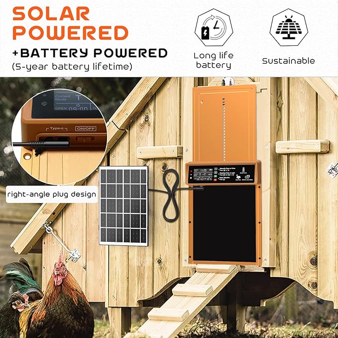 Asfrost Automatic Chicken Coop Door Solar Powered Automatic Chicken Door with Timer & Light Sensor, Anti-Pinch, Durable Aluminum Auto Chicken Door, Charge with 7W Solar Panel & USB - Orange