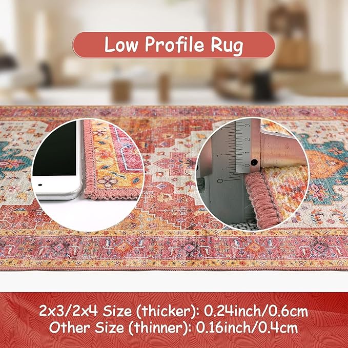 Moynesa Ultra-Thin Washable 10x14 Area Rugs for Bedroom, Pink Large Living Room Rug Non Slip, Medallion Oriental Indoor Floor Carpet for Dining Room Table Dorm Home Office Decor
