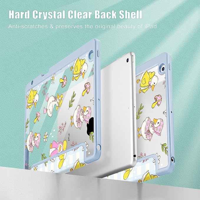 Case for iPad 9th/8th/7th Generation 10.2-Inch (2021/2020/2019 Release) with [Built-in Pencil Holder] Shockproof Cover with Clear Transparent Back Shell &amp Auto Wake/Sleep - Blue Bows