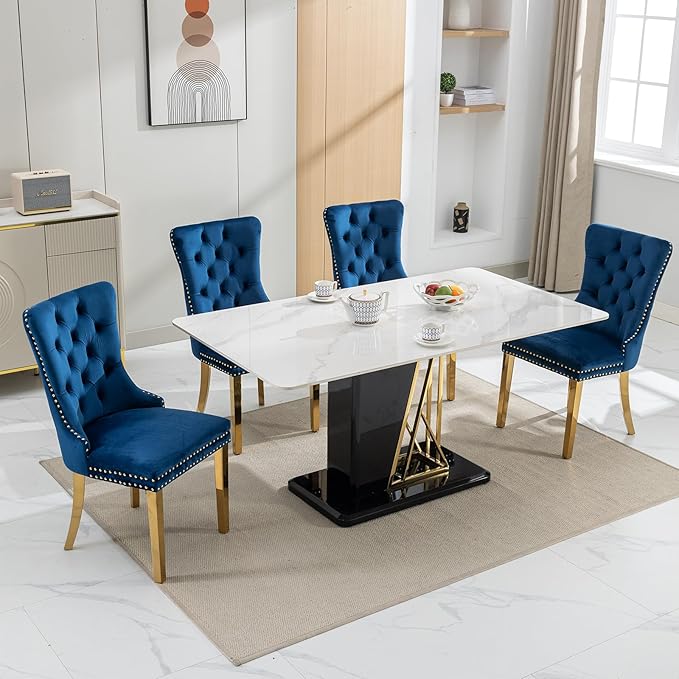 Luxury Upholstered Dining Chairs Set of 8, Blue Kitchen Chair with Golden Metal Legs, Velvet Tufted Back Dining Chair, Sillas de Comedor, Modern Kitchen & Dining Room Chairs (Blue, 8 Pcs)