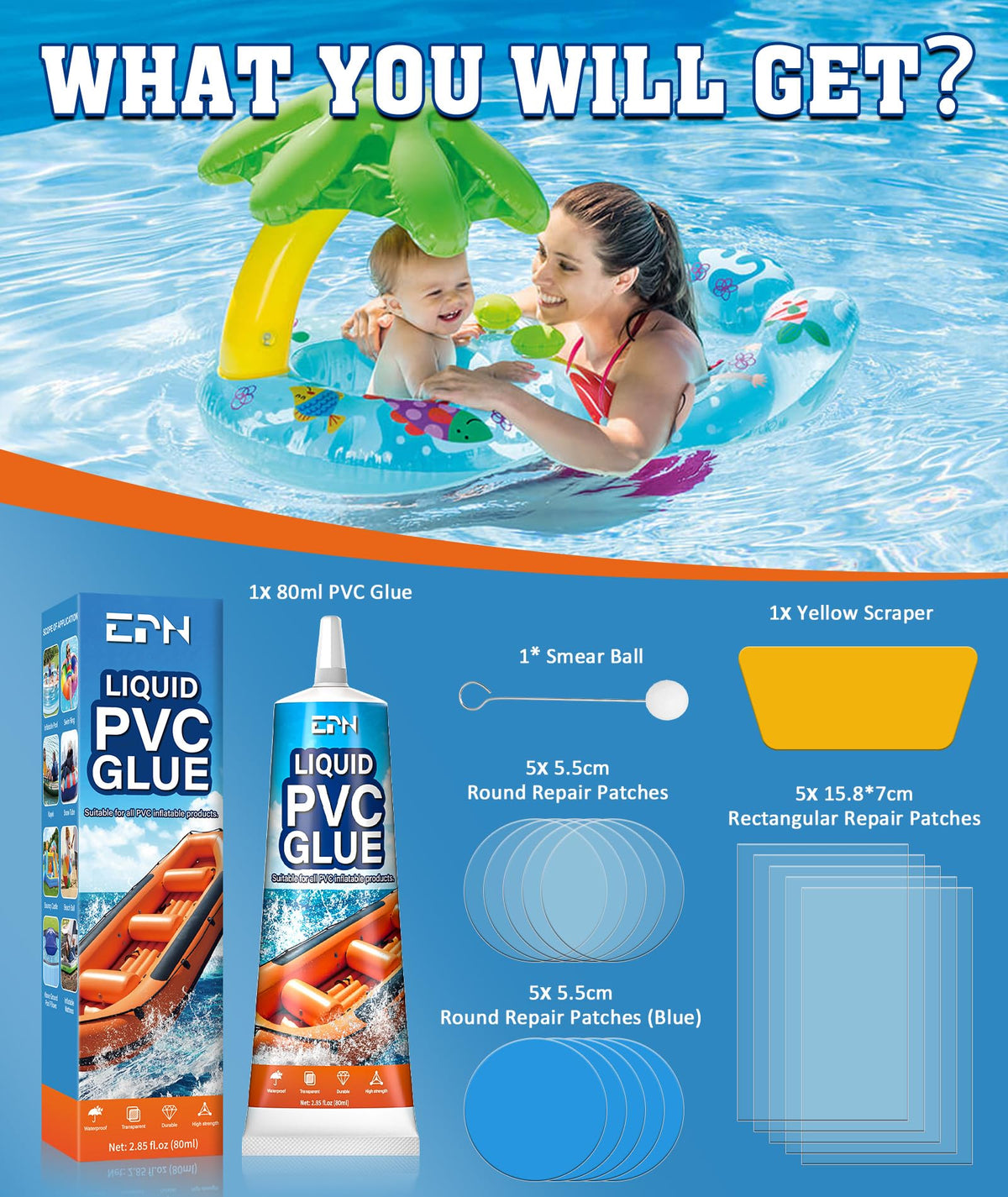 EPN Air Mattress Patch Kit, Waterproof Vinyl Pool Liner Repair Kit, 80 mL