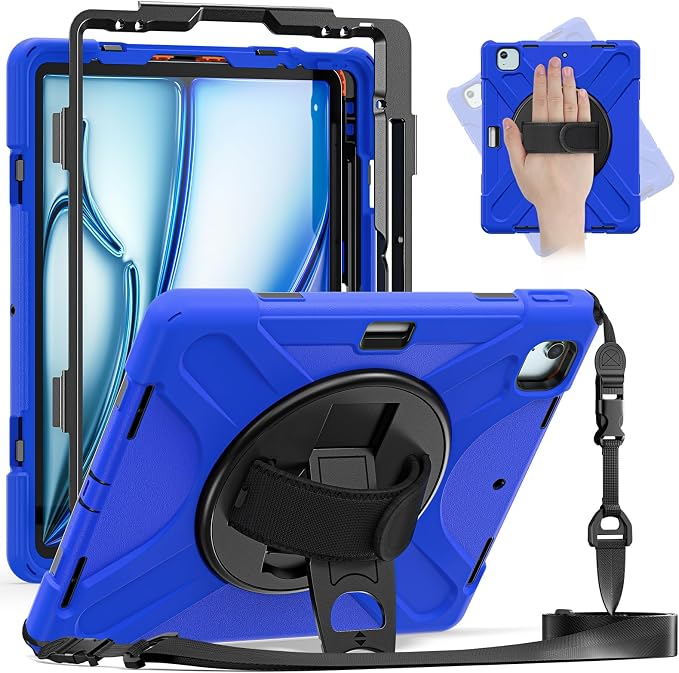 Batianda VortiGrip Case for iPad Air 11 M2/M3/M4 2024-2026 Colorful Blue | Heavy Duty Triple-Layer Rugged Case with 360° Rotating Hand Strap Foldable Hidden Stand Shoulder Strap and Pencil Holder