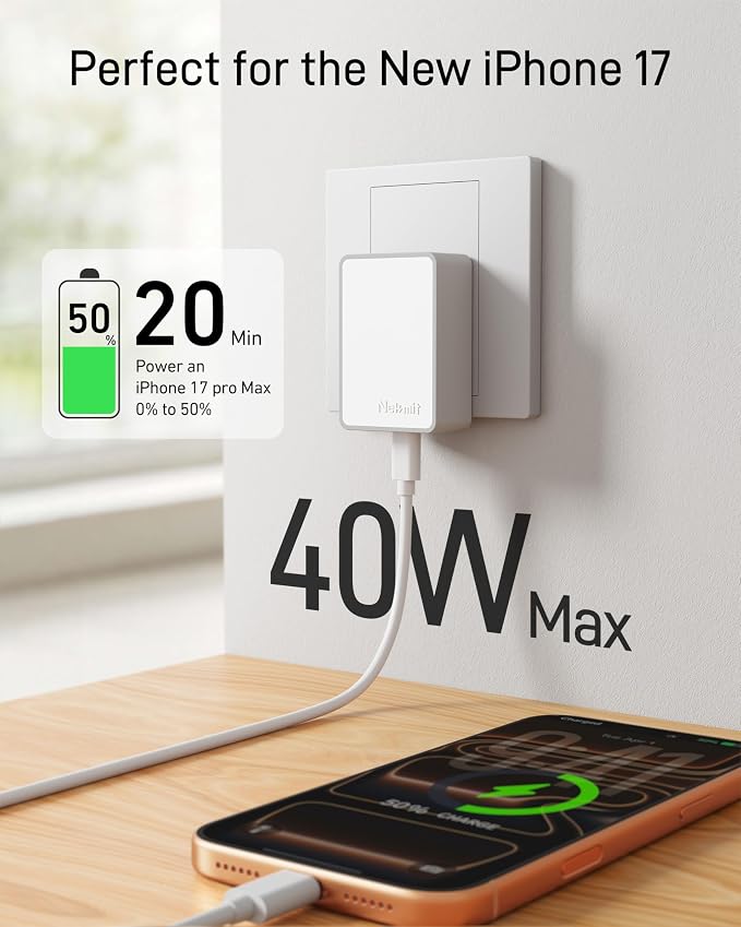 Nekmit 20W USB C Charger PD 3.0 Fast Charger with Foldable Plug Compatible with iPhone 15/14 Pro/14 Mini/13/13 Pro/12/12 mini/12 Pro/12 Pro Max/11 Galaxy Pixel 7/6 iPad Pro and More