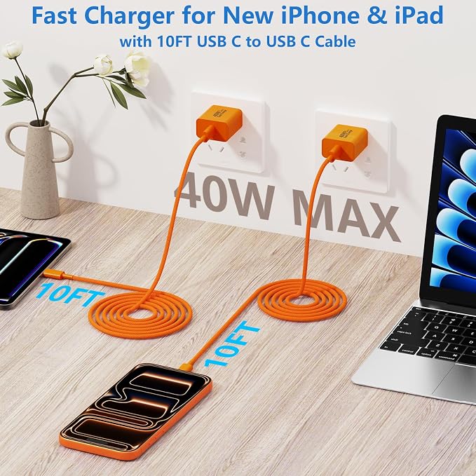 iPhone 17 Pro Max Charger Fast Charging [2-Pack] 40W USB C MFi Certified Fast Charger Block with 2x10FT Woven Type C to C Cable for iPhone 17/Pro Max/Pro/Air/16/16 Pro Max/15/iPad – Orange