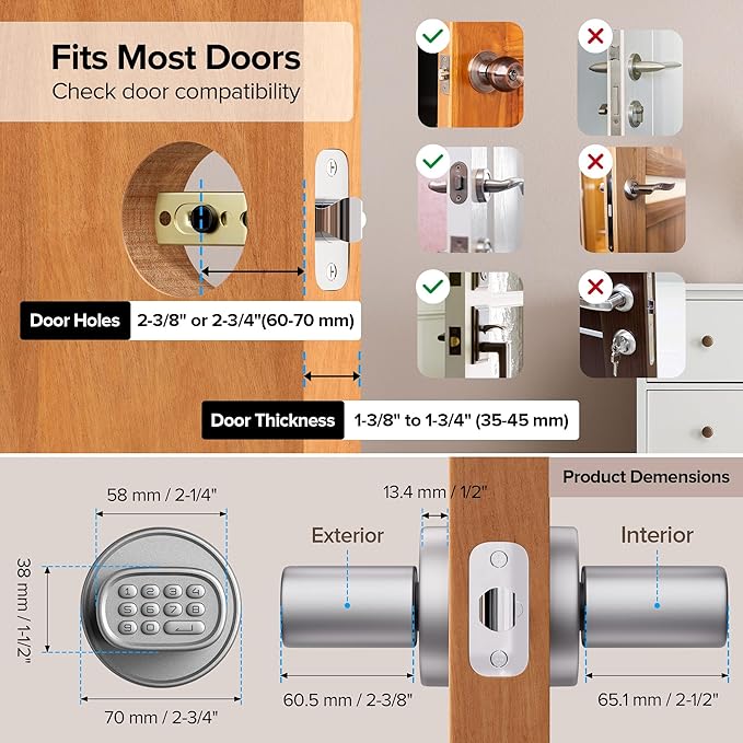 ThorBolt Keyless Entry Door Lock, Fingerprint Door Lock with Keypad Biometric Door Knob, Auto-Lock for Interior Doors Thickness up to 2-1/4", Bedroom, Home Office, Garage, 4xAA Alkaline, MD1 Silver