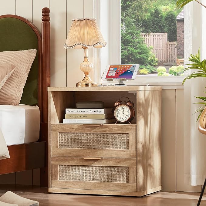 LEYAOYAO Rattan Night Stand with Charger Station, 23" Wide Boho Nightstand with 2 Drawers, Natural Wood Bedside Table Open Storage Cabinet, Bed Side End Tables Dresser for Bedroom, Living Room Hallway