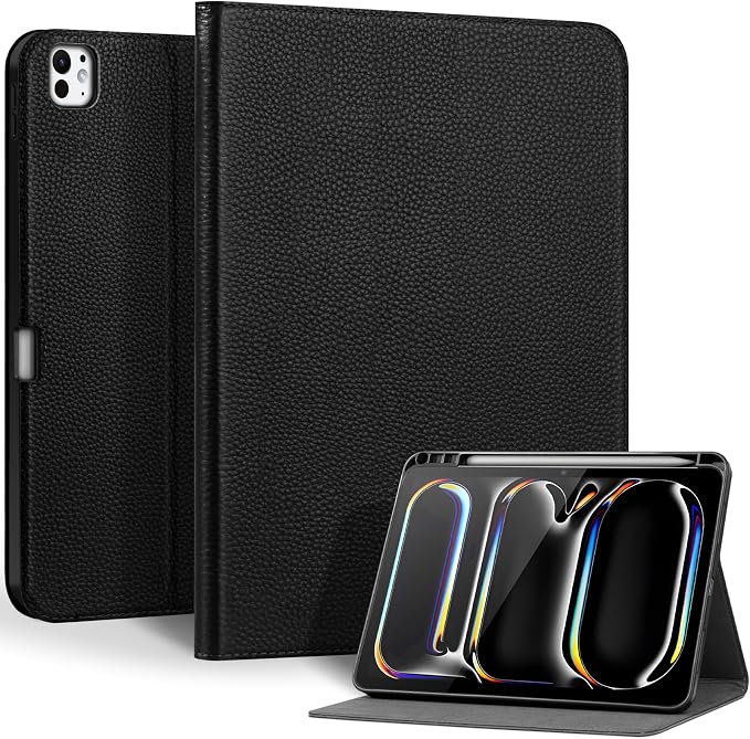 Genuine Leather Case for iPad 11th Gen 11/10th Gen 10.9 Black | Pencil Holder Adjustable Stand Auto Wake/Sleep Shockproof