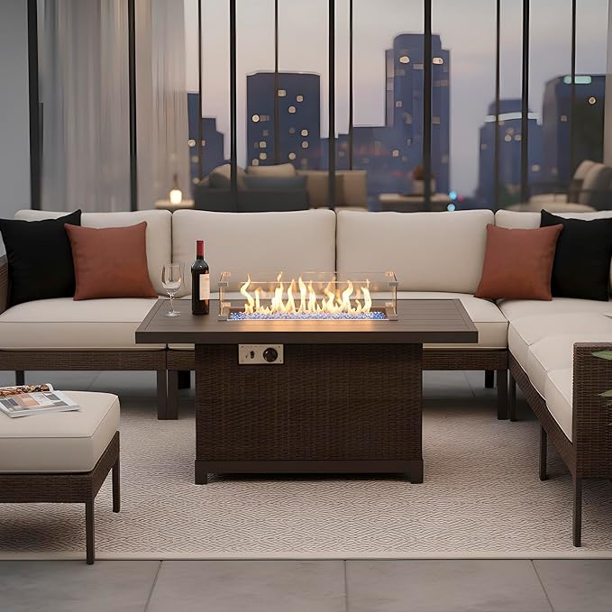 52 Inch Outdoor Fire Pit Table, 50000 BTU Propane Fire Pits with Wind Guard and Fire Glass, CSA Certified Patio Fire Table, Rectangular Aluminum Rattan Fire Table for Outside Patio, Backyard, Brown