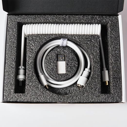 Keychron Custom Coiled Aviator USB-C Cable Black 5-Pin (GX12) Detachable Metal Connector USB-A Adapter Durable Braided Cable for Mechanical Keyboards Charging &amp Data Transfer