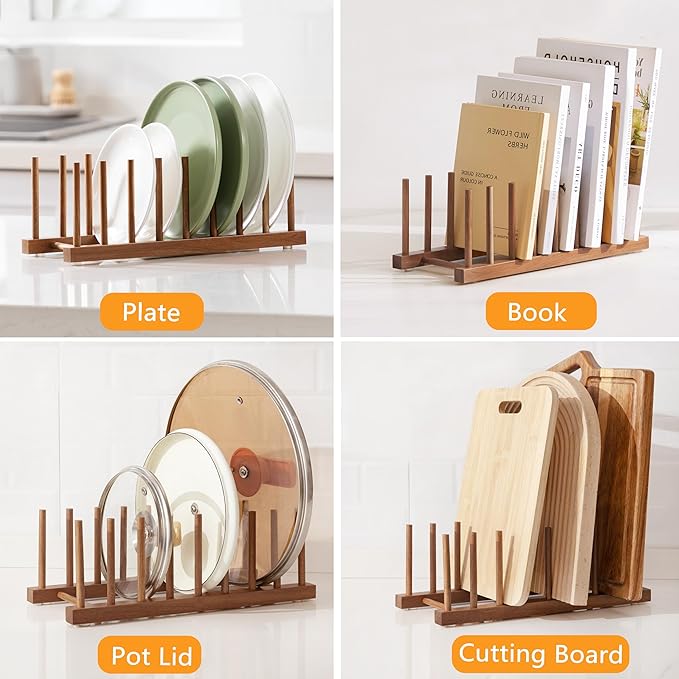 HBlife 2pcs Acacia Wooden Dish Dying Rack Pot Lid Plate Organizer Holder for Cabinet, Cutting Board Stand Drainer Storage Plate Rack for Dish, Pot Lid, Bowl, Cup, Cutting Board and Books
