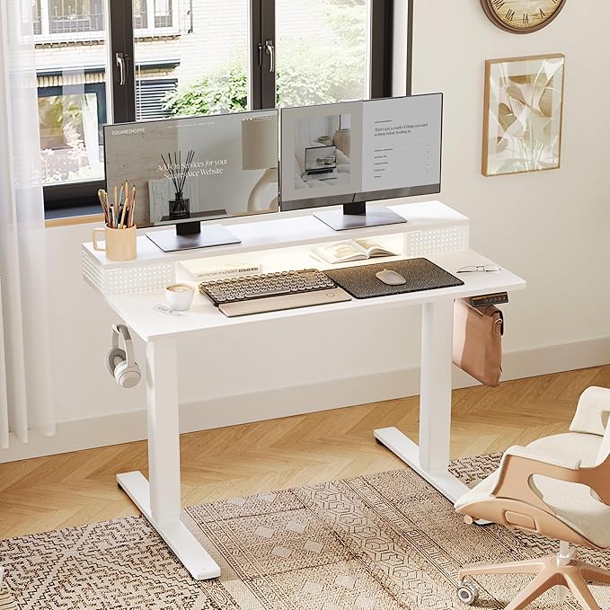 Claiks Electric Standing Desk with Shelf, 48 Inch Height Adjustable Standing Desk with LED Lights & Monitor Stand, White Frame/White Top