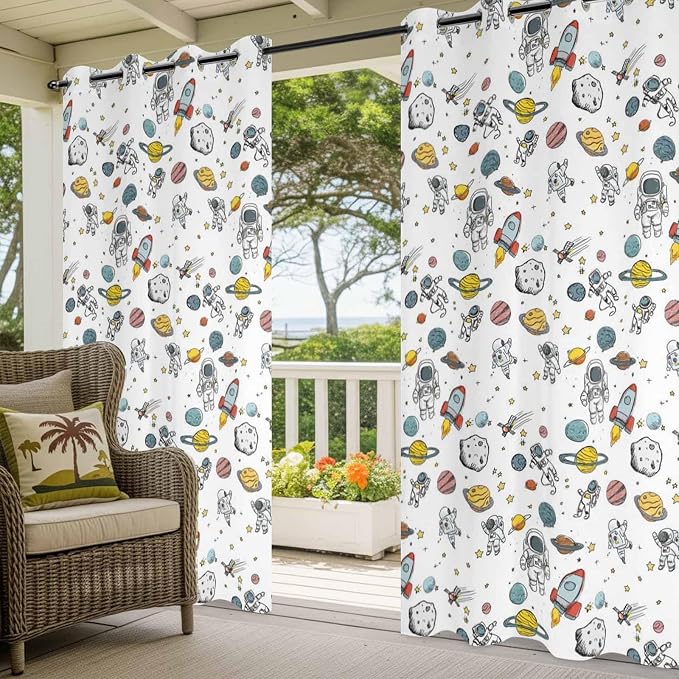 Cartoon Space Outdoor Curtains for Patio Astronauts Spacecraft Rockets