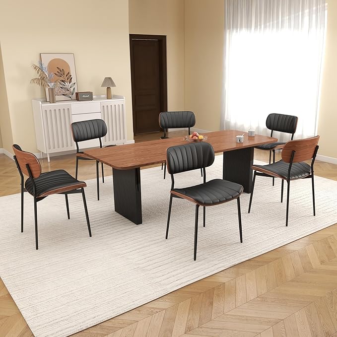 Mid Century Modern Dining Chairs Set of 6,Upholstered Faux Leather Kitchen Chairs with Walnut Bentwood Back and Metal Legs for Kitchen Dining Room Living Room, Black