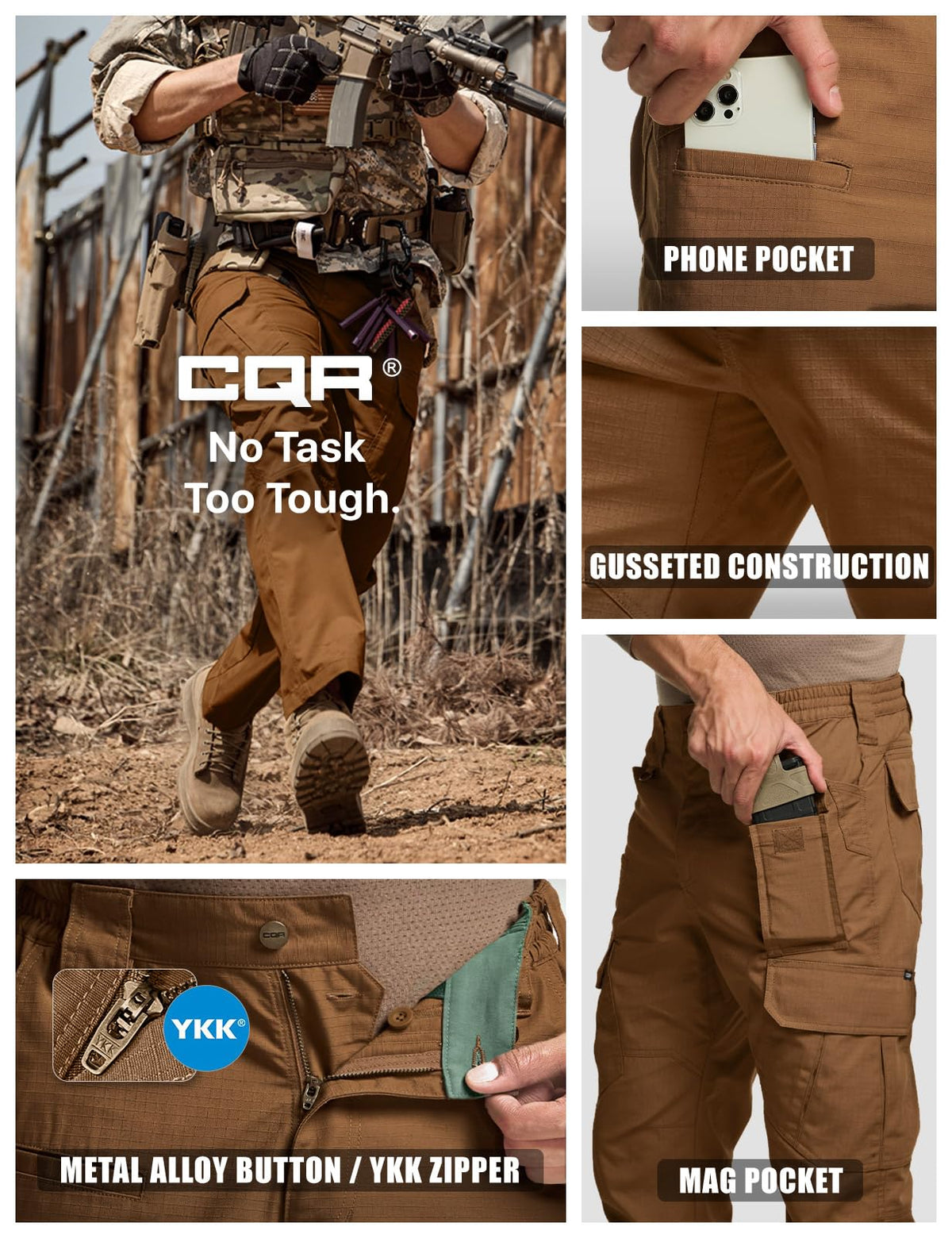 CQR Men's Tactical Pants, Water Resistant Ripstop Cargo Pants, Lightweight EDC Work Hiking Pants, Outdoor Apparel, Duratex Mag Pocket Copper Brown, 36W x 34L