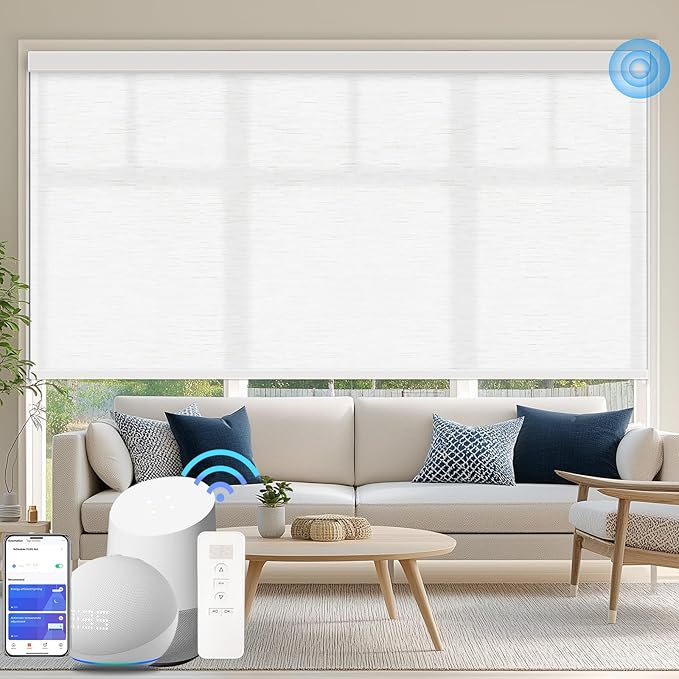 COOLWINDS Motorized Blinds with Remote Cordless Automatic Motorized Shades Custom Blinds for Windows Smart Curtains Compatible with Alexa Google Home(Light Filtering Jacquard White,W40 x H72in)
