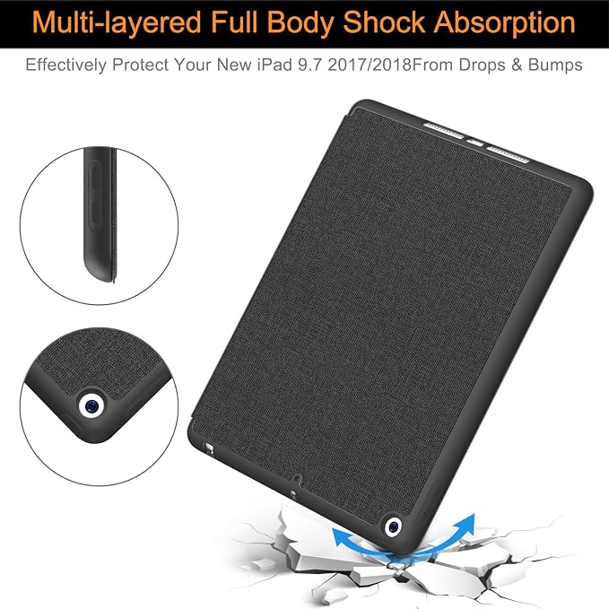 Soke Case Fits for iPad 6th/5th Generation with Pencil Holder - [Full Body Protection + Auto Wake/Sleep] Shockproof Soft TPU Back Cover for Apple iPad 9.7 inch 2018/2017 Black