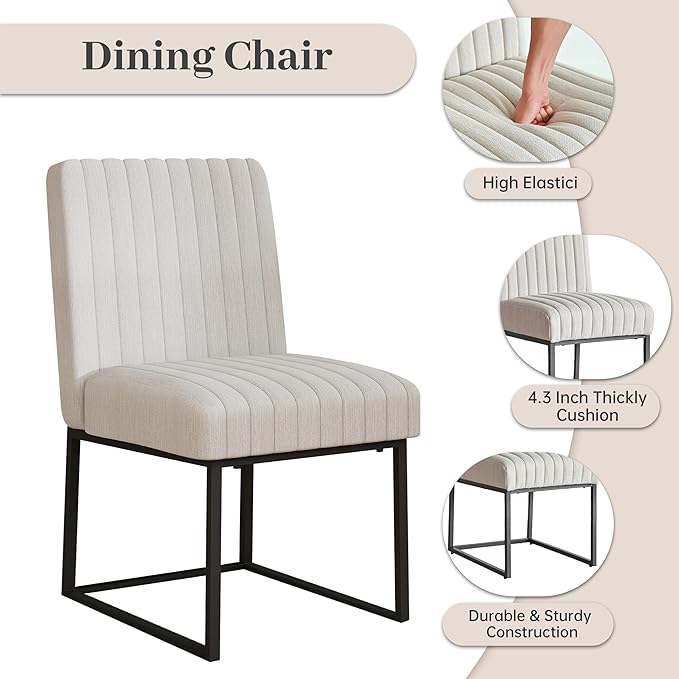 VKNOW Upholstered Dining Chairs Set of 4, Modern Dining Room Chairs with Stripe, Linen Kitchen Chair Dinner Chair with Black Metal Base for Kitchen Office, Beige