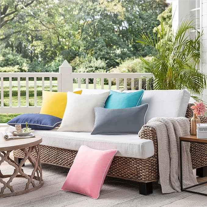 Phantoscope Pack of 2 Outdoor Waterproof Solid Throw Decorative Pillow Cover Decorative Square Outdoor Pillows Cushion Case Patio Pillows for Couch Tent Sunbrella (18''x18'', Pink)