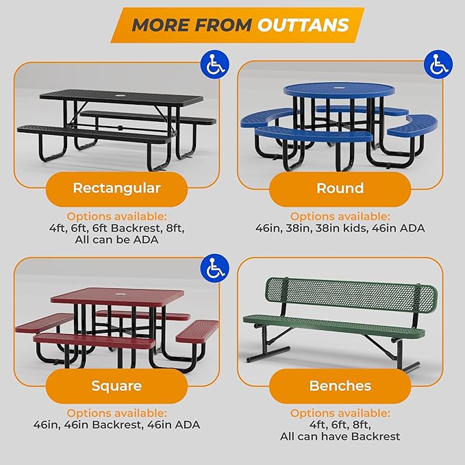 Metal Picnic Tables for Outdoors with Umbrella Hole - Coated Steel Heavy Duty Commercial Grade Furniture with Adjustable Seats (Blue, 38 in, Square)