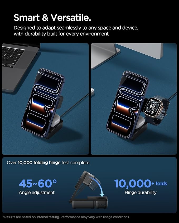Spigen for Fast Wireless Charger Qi2.2 25W 3 in 1 Foldable Portable MagSafe Charger, Compatible with iPhone 17/16/15/14/13/12, AirPods 4/3 & Pro 3/2/1, Apple Watch, Galaxy S26 Series, Galaxy Watch