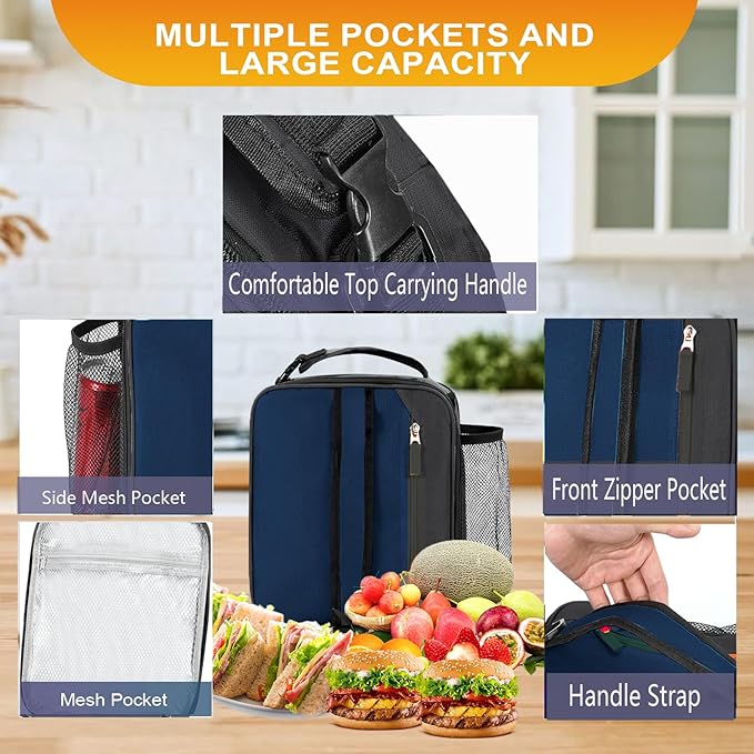 Lunch Box Insulated Lunch bag for Men Teen Kids Boys Adult Portable Stylish Small Lunchbox Special Design for Working Office school Picnic (Navy Blue)