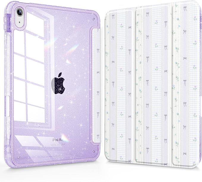 for iPad Air 11 inch M4/M3/M2 (2026/2025/2024) iPad Air 5th/4th Gen (2022/2020) 10.9 inch with Pencil Holder Glitter Clear Pretevtive Cover Auto Wake/Sleep Black Cartoon Stickers