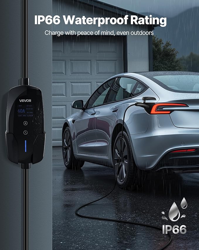 VEVOR Level 2 Tesla Charger, 40 Amp Adjustable Current, 240V Portable Home Electric Car EV Charger with 25 ft Charging Cable, NEMA 14-50P Plug, LCD Display, NACS Connector, for Tesla Model Y/X/3/S