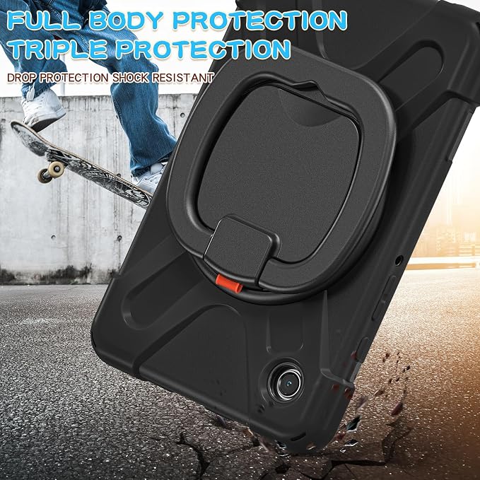 Case for Galaxy Tab A9 8.7 2023 (SM-X110/ X115) Heavy Duty Protective Case with 360 Degree Swivel Stand&ampHand Strap&ampShoulder Strap (Black)