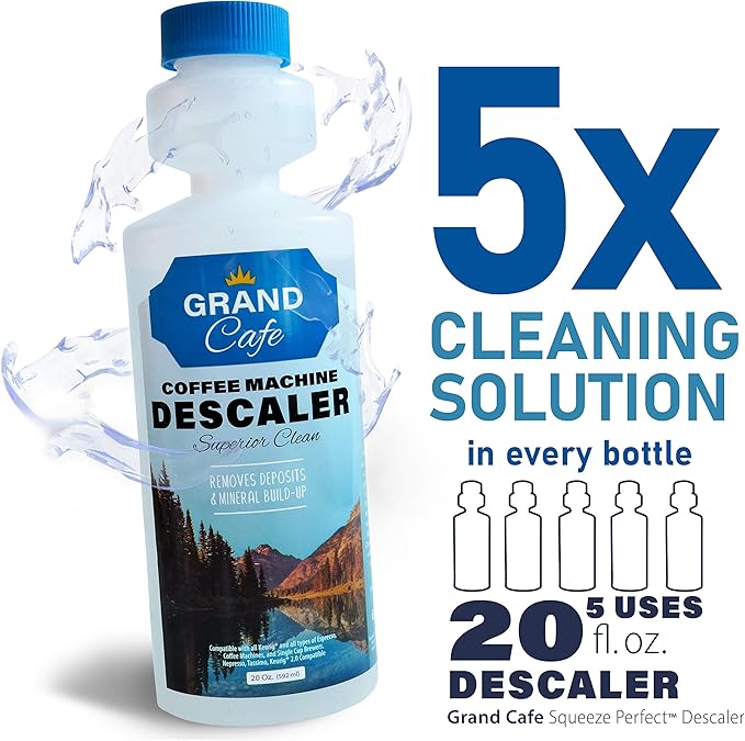 Grand Cafe Universal Descaling Solution - Coffee Maker Descaler and Cleaner for Keurig, Nespresso, DeLonghi & Single-Serve Espresso Machines - Perfect Measure Bottle (20 oz, 5 uses per bottle)