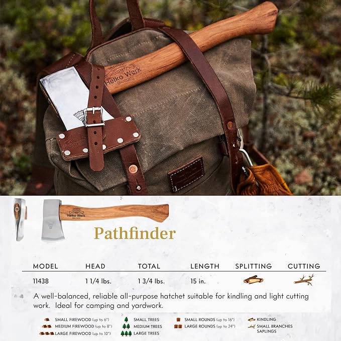 1844 Helko Werk Germany Classic Pathfinder Hatchet - Made in Germany Camping, Bushcraft, Survival, Backpacking, Small Lightweight Hatchet - Head 1.25 lbs, Handle 15 in. (Pathfinder) #11438