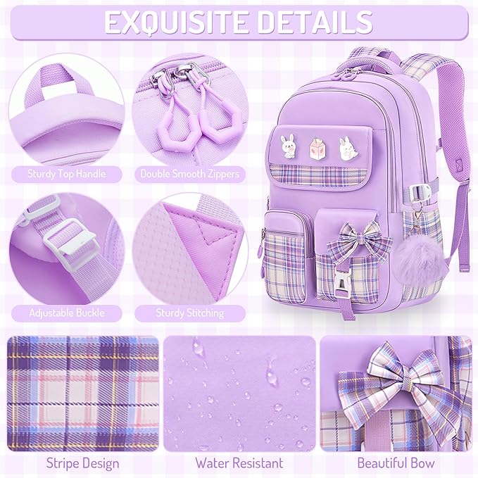 School Backpacks for Girl - 5PCS Cute Girls Backpack with Lunch Box Set for Kids Teens Elementary Middle School,18" Large Capacity Bookbag with Multiple Pockets,Perfect for Travel and School