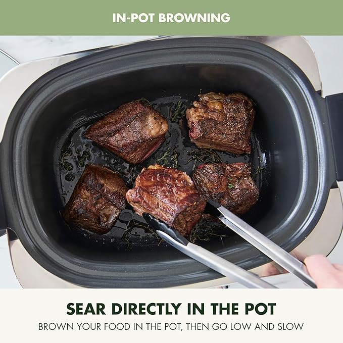 GreenPan Elite 8-in-1 Programmable 6QT Electric Slow Cooker, Dishwasher Safe Lid & Removable Crock, PFAS-Free Healthy Ceramic Nonstick Multi-Cooker, Sear, Sauté, Brown, Steam Basket, Roast, Sage Green