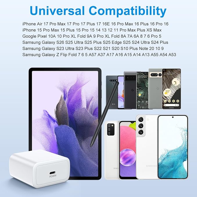65W USB C Charger Block for iPhone 17 16 15 14 13 12 11 Pro Max Plus | PD 3.0 Super Fast Charging Wall Charger USBC Power Adapter Type C Brick Cube for Samsung Galaxy S26 Ultra S25 S24 S23