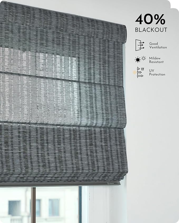 Graywind Smart Natural Roman Shades Compatible with Alexa Google Rechargeable Light Filtering Motorized Blinds with Remote Plain Fold for Doors Bedroom, Custom Size (Striped Charcoal)
