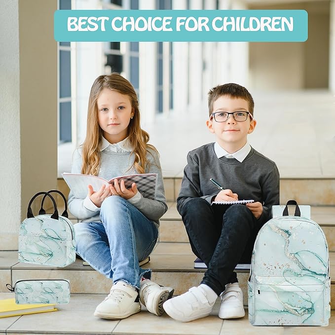 Marble 3PCS Backpack for Boys Girls, Kids Back to School Backpack Set with Lunch Box Pencil Case, 17 Inch Lightweight Bookpack 3 in 1 Set for Teens Elementary Middle High School Students