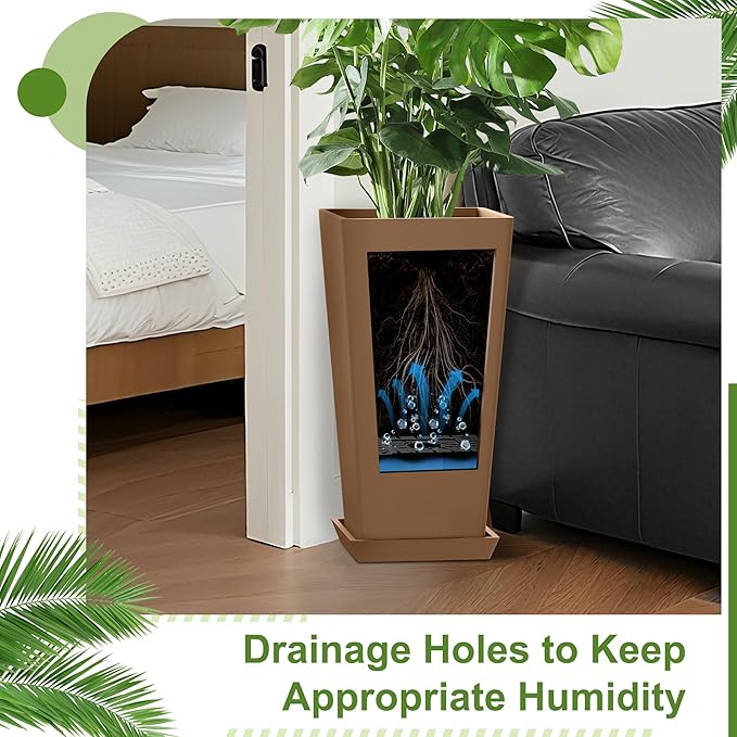 24-Inch Tall Planters Set of 2 for Outdoor and Indoor Use,Tapered Flower Pots with Drainage Tray, Front Porch and Patio Decor,Ideal for Large Plants (Brown)