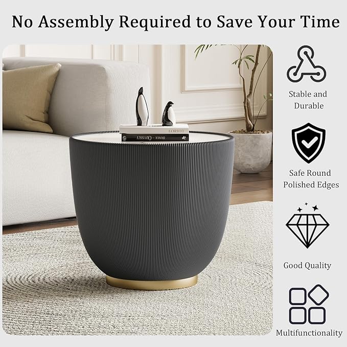 Round Coffee Table Set with Sintered Stone Tabletop, 27.56" Black Drum Center Table and 19.69" Grey Coffee Table Set, 2 Pieces Living Room Table Set with Fluted PU Leather Cover& Metal Base