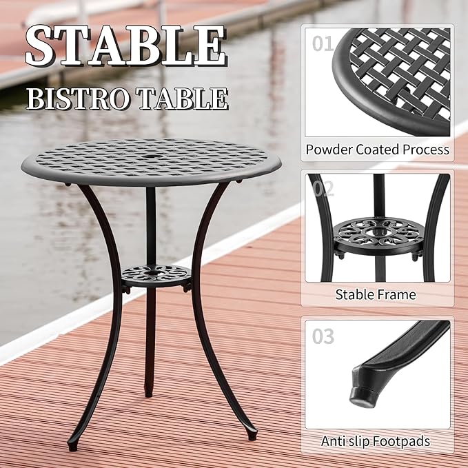 3 Piece Patio Bistro Set with Cushions, Outdoor Bistro Table and Chairs Set of 2 with Umbrella Holes, All Weather Bistro Table Set for Garden Porch Pools (Black with Grey Cushion)