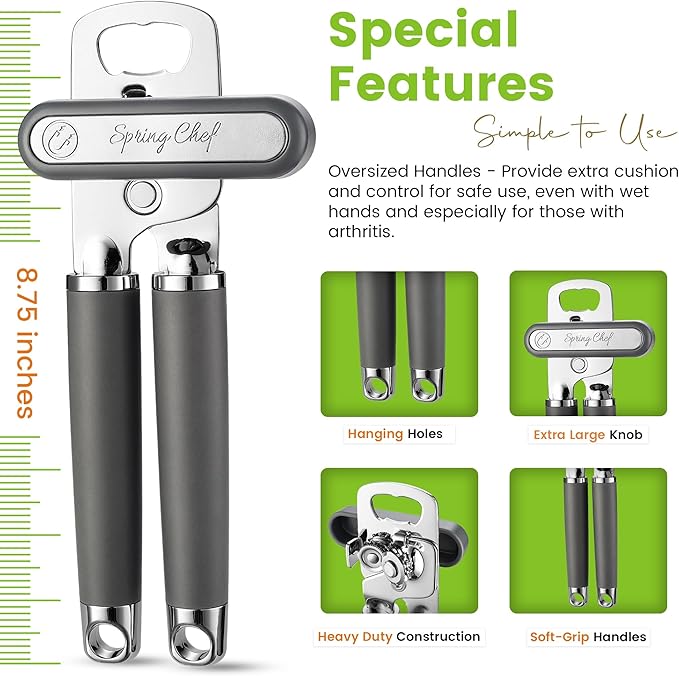 Spring Chef Stainless Steel Manual Can Opener with Magnetic Lid Remover, Easy Turn & Heavy Duty Can Openers for Seniors with Smooth Edge - Graphite
