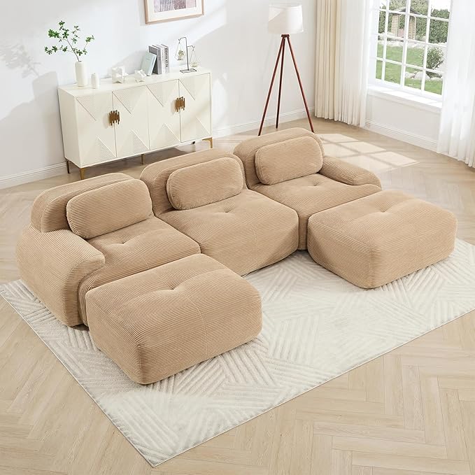 116" Modern Corduroy Cloud Sofa with Ottoman, U Shaped Boneless Modular Large Sectional Couches for Living Room, Camel 3 Seater Compressed Memory Foam Couch, Extra Deep Seat, No Assembly
