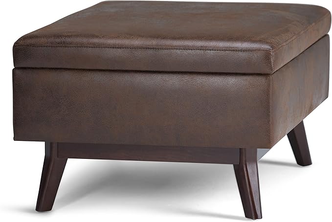 SIMPLIHOME Owen Coffee Table Storage Ottoman - 34 inch Wide Upholstered Vegan Leather Rectangular Lift-Top Ottoman in Distressed Chestnut Brown, Mid-Century Bench for Living Room with Tapered Legs