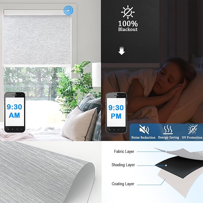 COOLWINDS Motorized Blinds with Remote Cordless Automatic Motorized Shades Custom Blinds for Windows Smart Curtains Compatible with Alexa Google Home(Blackout Jacquard Grey,W49 x H72in)