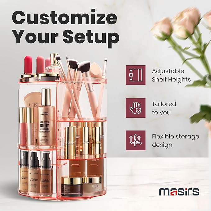 360 Rotating Makeup Organizer - Adjustable Shelf Height and Fully Rotatable - The Perfect Round Spinning Cosmetic Organizer for Bedroom Dresser or Vanity Countertop Storage (Pink)
