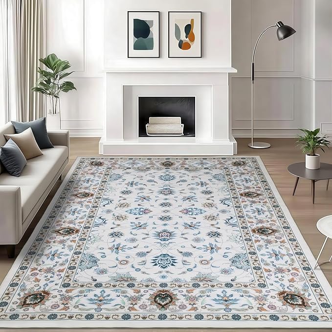 WILLSUN Washable Area Rugs, 5x7 Non-Slip Boho Large Area Rugs for Living Room, Bedroom, Machine Washable Vintage Rug, Indoor Floral Print Carpet for Home Decor, Kid & Pet Friendly Mat
