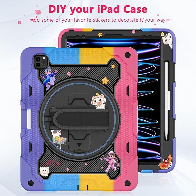 for iPad Pro 12.9 inch Case (6th/5th/4th/3rd Gen)Not fit iPad 12.9 2nd/1st Gen with Screen Protector for Kids with 360 Kickstand Hand Strap Pencil Holder [15ft Drop Protection]
