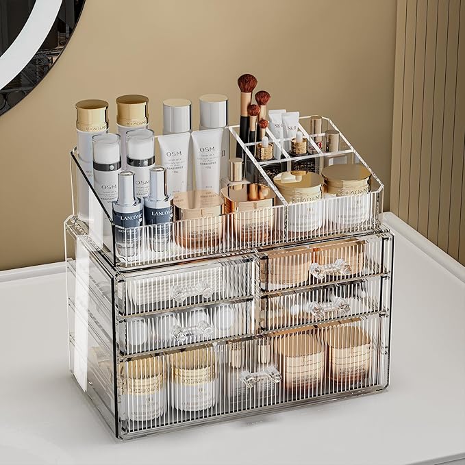 ZHIAI Stackable Organizer, Acrylic Cosmetic Organizer for Dresser, Vanity, Kitchen Cabinet, Bathroom, Under Sink, Home Organization and Storage (1 Top 5 Drawers)
