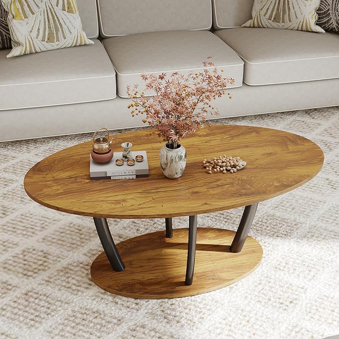 Manora Rustic Small Oval Coffee Table for Living Room, Narrow Wood Center Table with Shelf, Retro Style Coffee Table with Curved Metal Legs, Stable and Easy Assembly, Rusric Brown