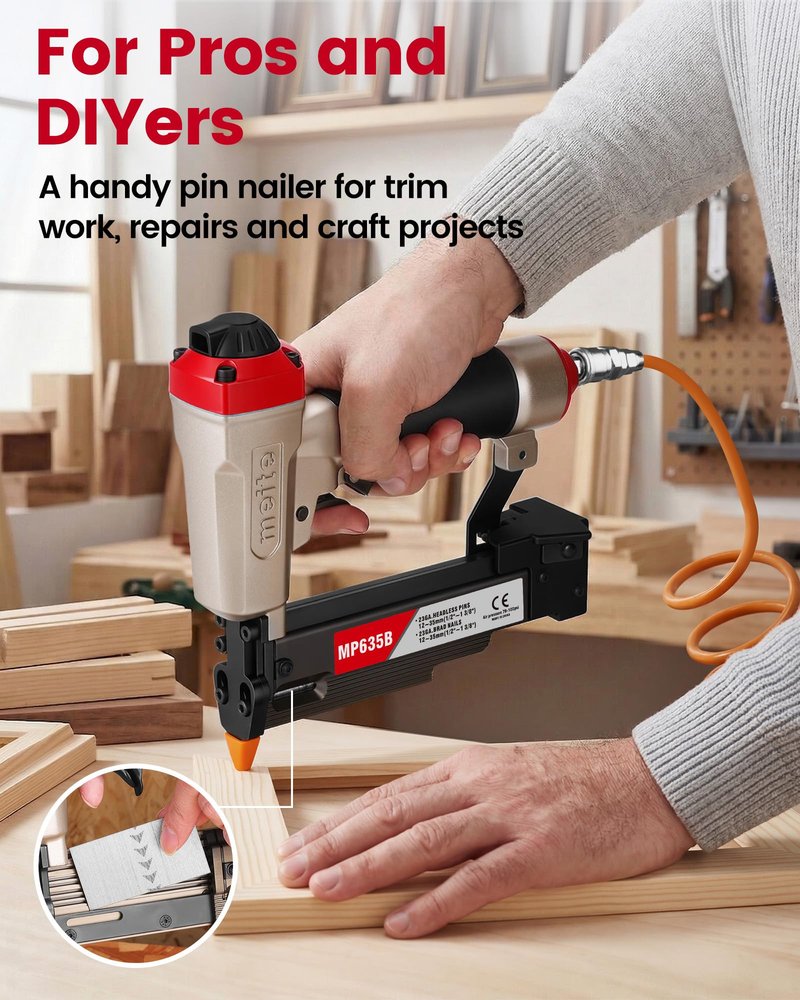 meite MP635B Pin Nailer with 6000 PCS Pin Nails (1/2", 5/8", 3/4", 1", 1-3/16", 1-3/8"), Pneumatic 23 Gauge Pin Nailer, Fits 1/2" to 1-3/8" 23 Gauge Pin Nails, Ideal for Paneling, Small Trim